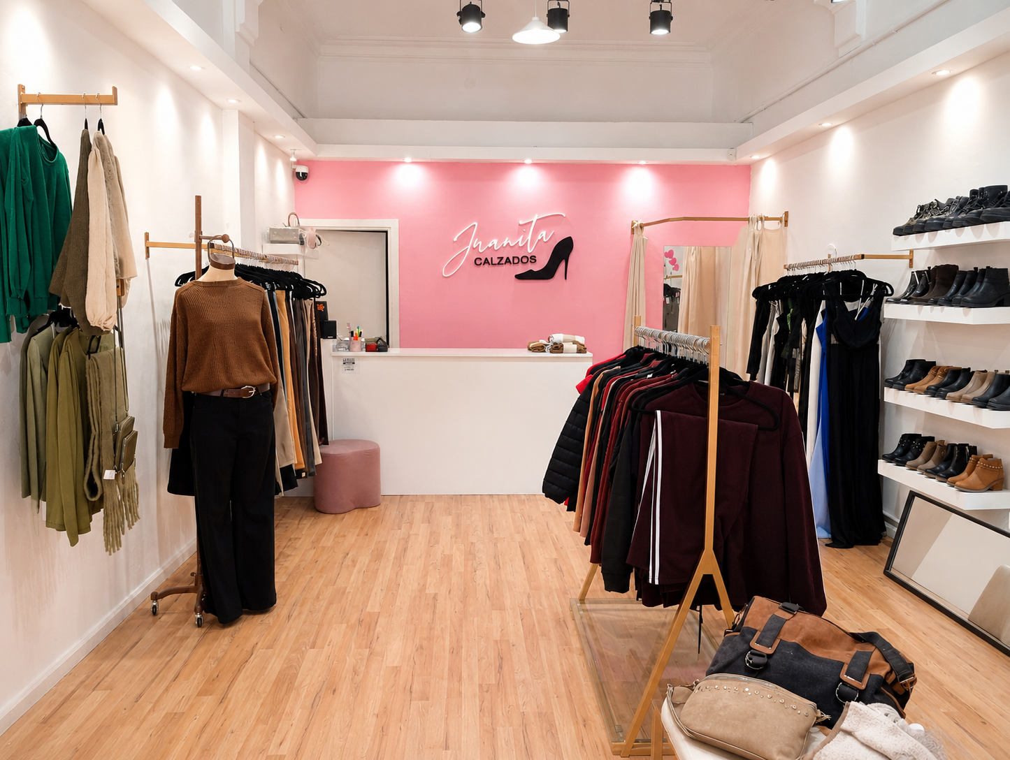 Interior del local de Juanita Calzados con pared rosa, percheros y estantes de calzado